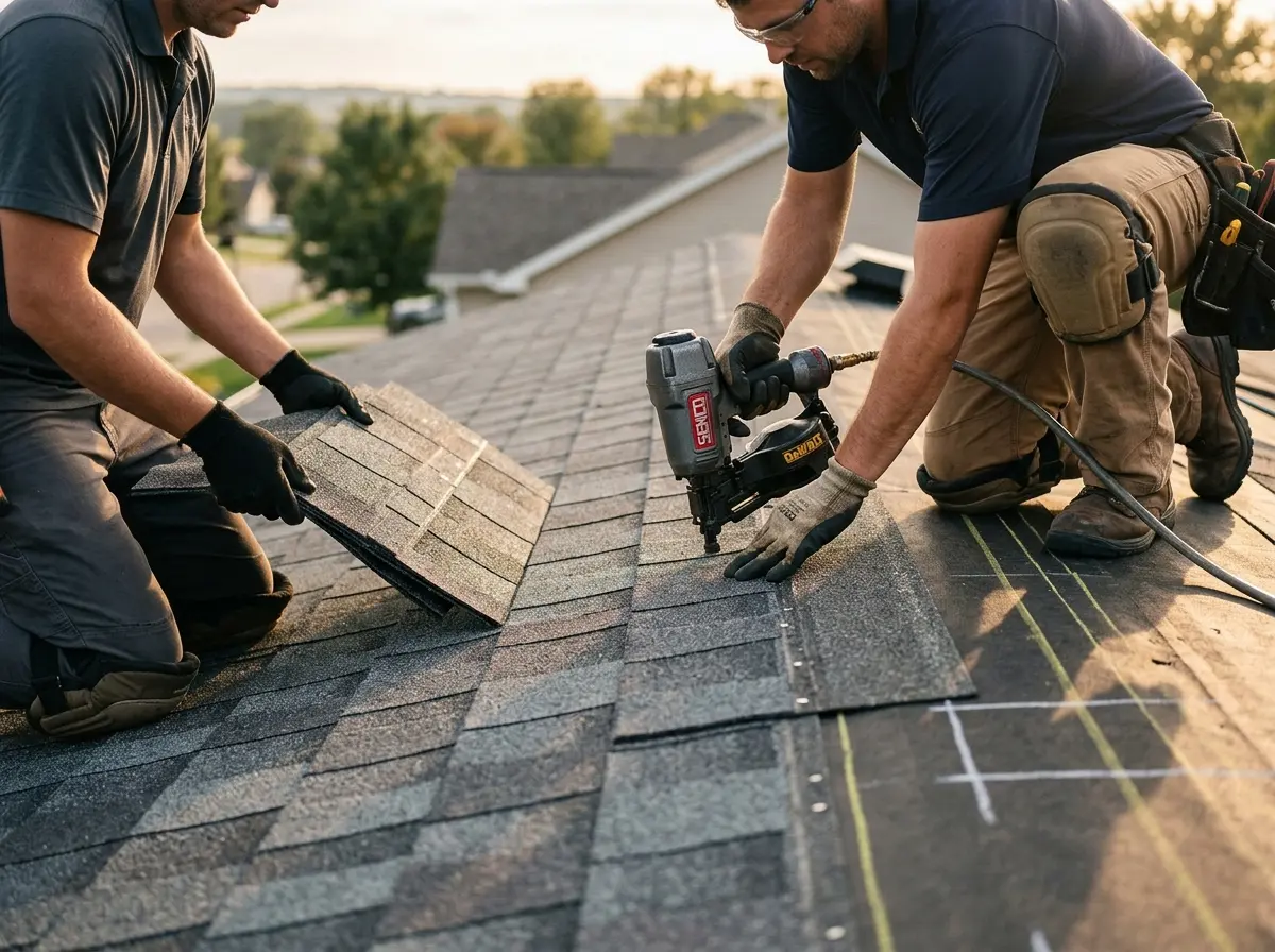 Professional roofer working on a residential roof in Peoria Heights